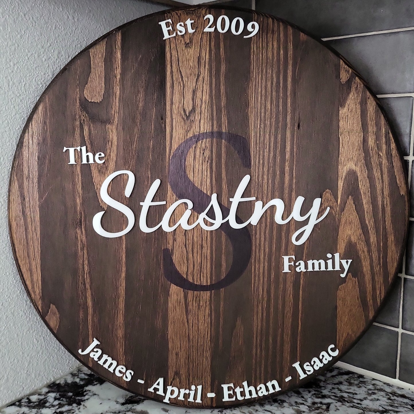 Personalized monogram family name 18 in wood round