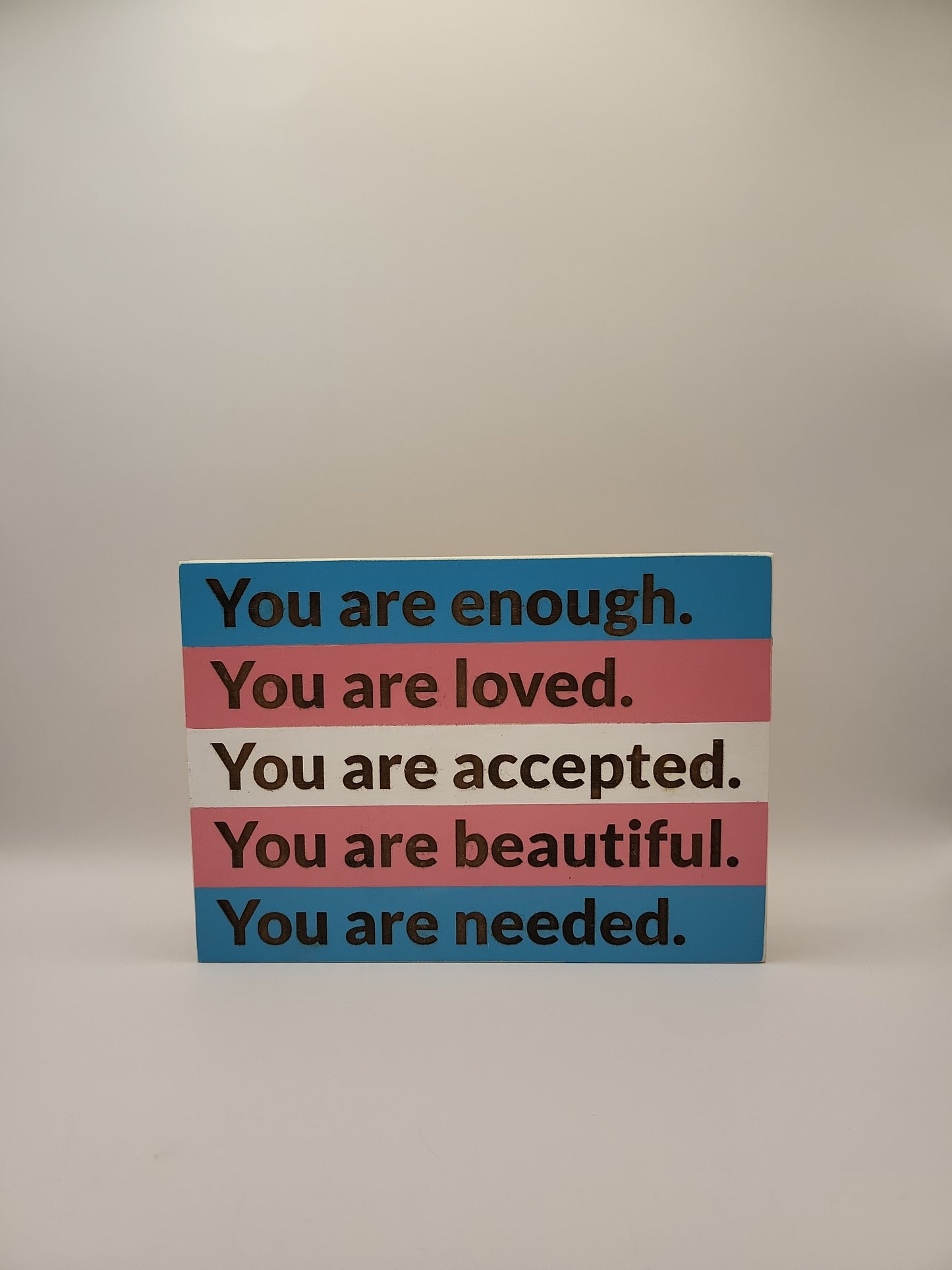 Hand painted wood sign, pride transgender flag, You are enough, loved, accepted, beautiful, needed