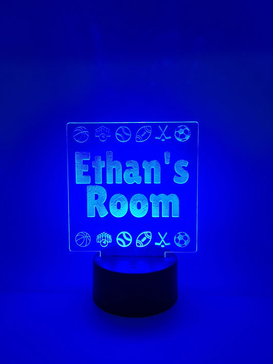 Personalized sports themed acrylic sign, with color-changing light base