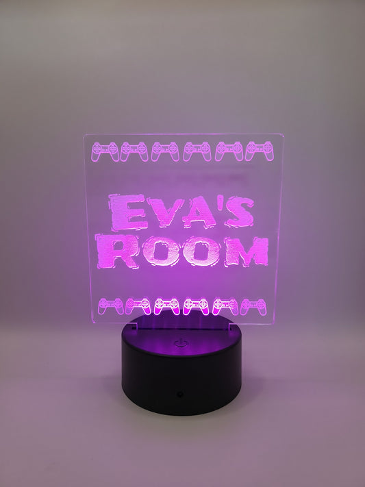 Personalized video game themed acrylic sign, with color-changing light base