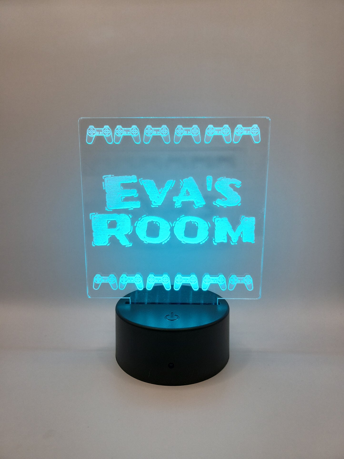 Personalized video game themed acrylic sign, with color-changing light base